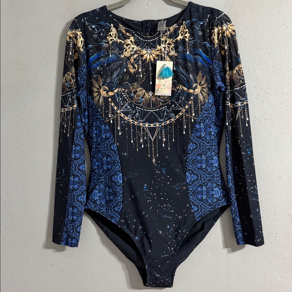 NWT Johnny Was Elegant Black and Blue and Tan Long Sleeve bodysuit
